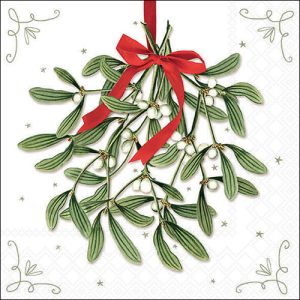 Lunch Napkin - Mistletoe With Bow WHITE