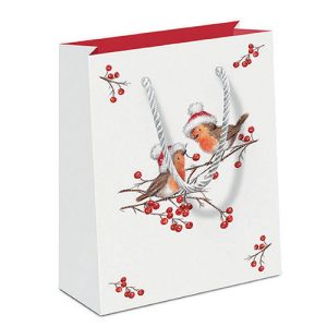 Gift Bag - Christmas Robins WHITE