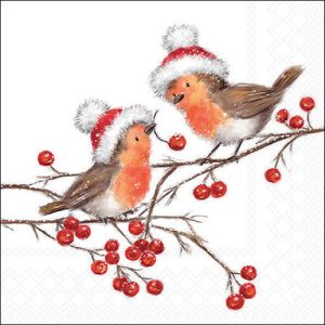 Lunch Napkin - Christmas Robins WHITE